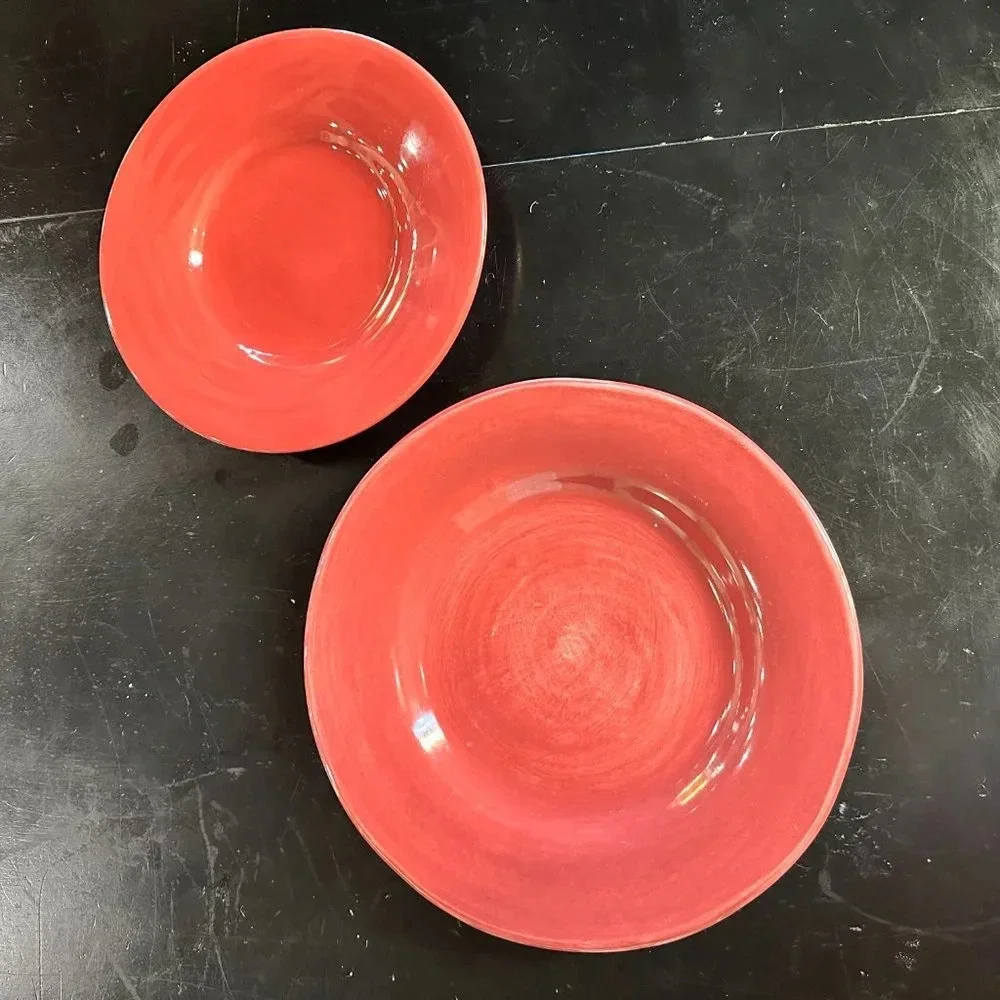 2 POTTERY BARN Sausalito Plates - Dinner & Side/Soup/Rimmed Bowl Red/Maroon